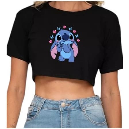 Croped Feminino Camiseta Casual Dia a Dia Stich Apaixonado Moda Blogueira