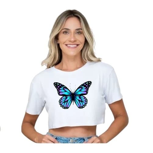 Croped Camiseta Feminina Blogueira Borboleta Azul Macia e Confortavel