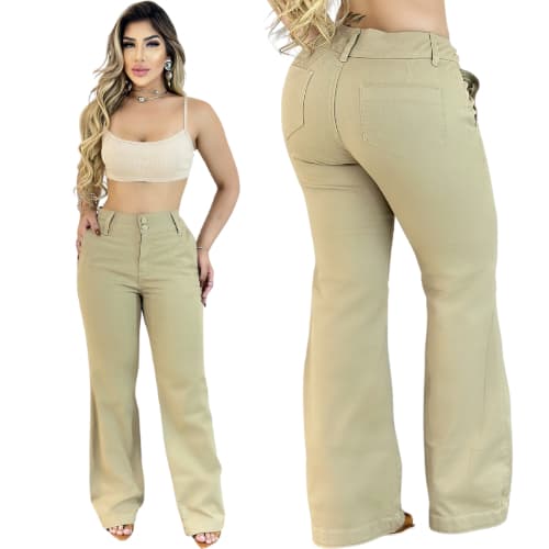 CALÇA JEANS FEMININA PANTALONA BEGE WIDE LEG ATE O PLUS SIZE COM LYCRA ELASTANO CINTURA ALTA