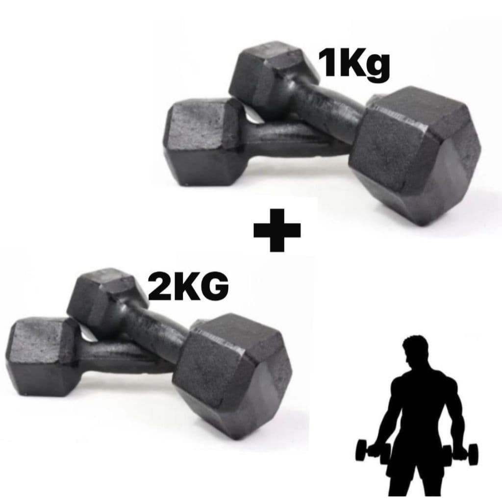 KIT 2 PARES HALTER SEXTAVADO DE 1 E 2KG FERRO FUNDIDO PARA TREINO E MUSCULAÇÃO (6KG TOTAL)