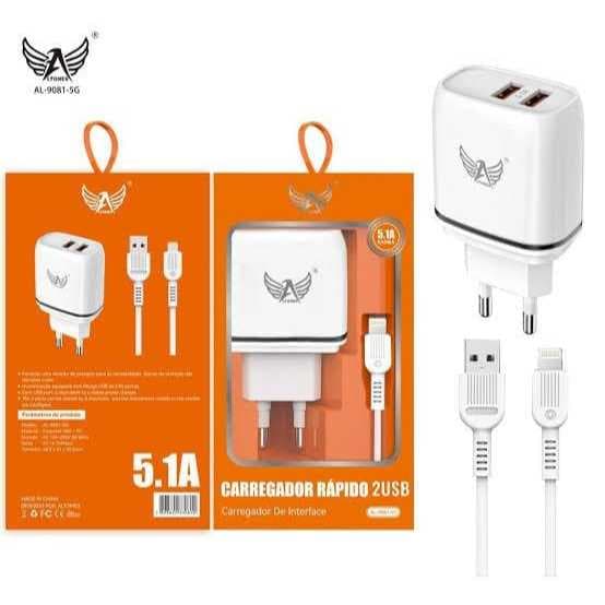 Carregador Rápido Completo Altomex 5.1a 2 Entradas USB Tipo-C/V8/IOS