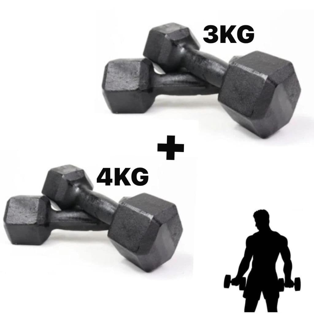 KIT 2 PARES HALTER SEXTAVADO DE 3 E 4KG FERRO FUNDIDO PARA TREINO E MUSCULAÇÃO (14KG TOTAL)