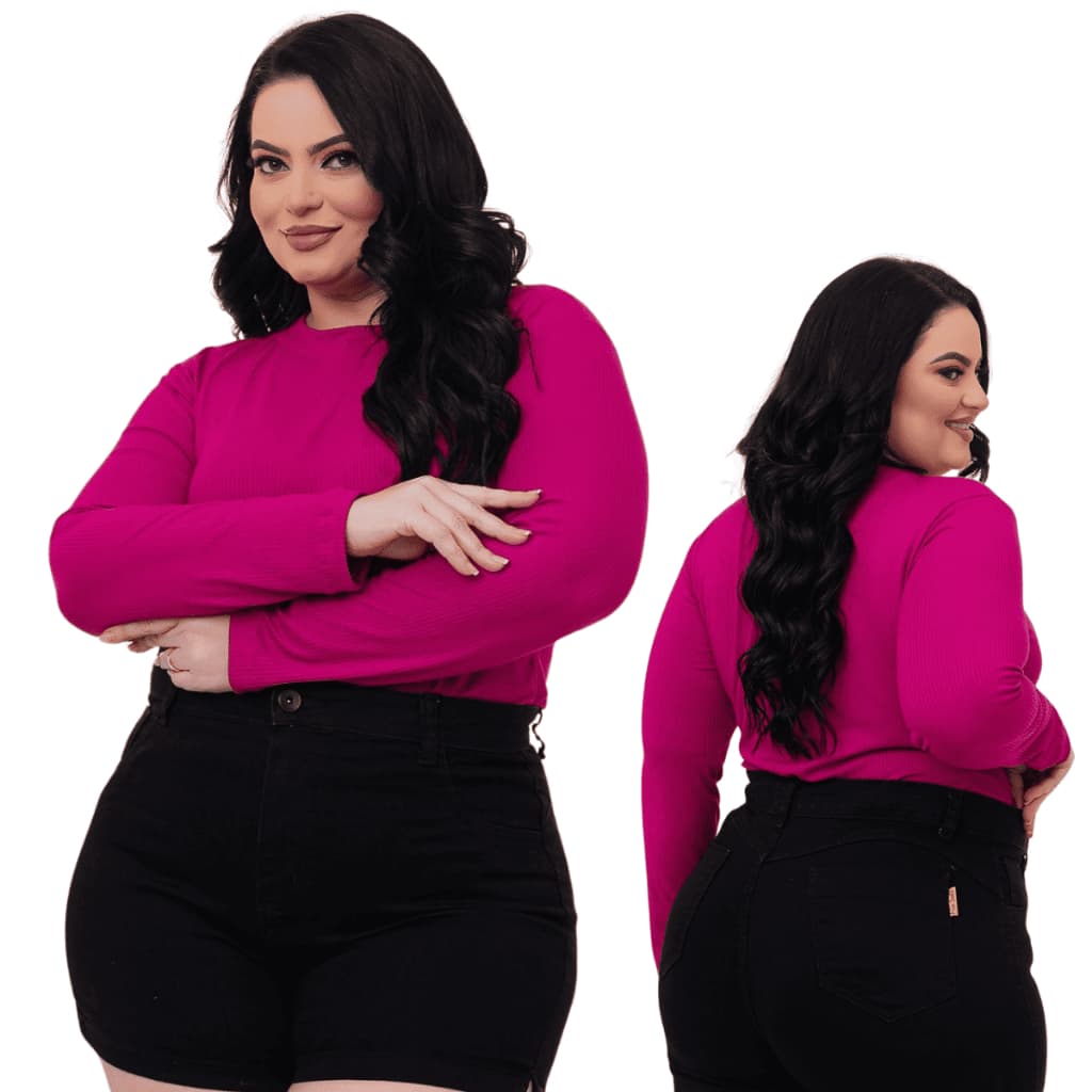 Blusa Feminina Plus Size Manga Longa em Suede Canelado Segunda Pele