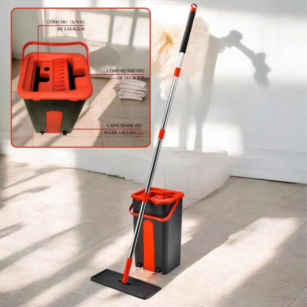 Flat Mop Rodo Lava Seca Balde 1 Refil Esfregão Limpador Pisos Microfibra Multiuso