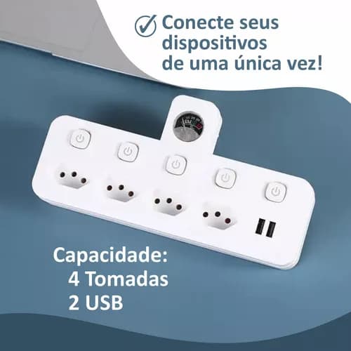 Super Filtro de Linha com Adaptador 4 Tomadas 2 usb com Voltímetro Bivolt