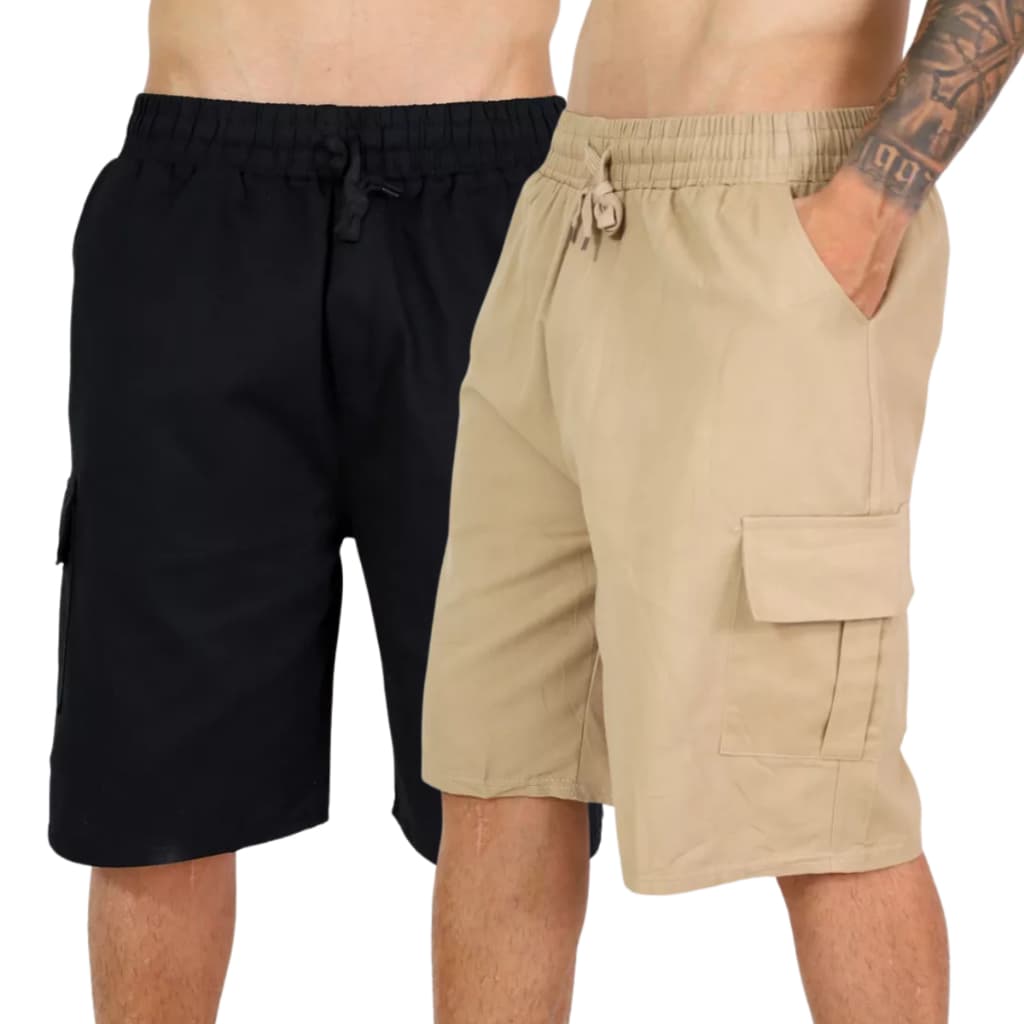 Kit 2 Bermuda Shorts Masculina Cargo Sarja Premium Bolso Streetwear Preta e Bege Masculino  Bolso Na Frente e Atrás