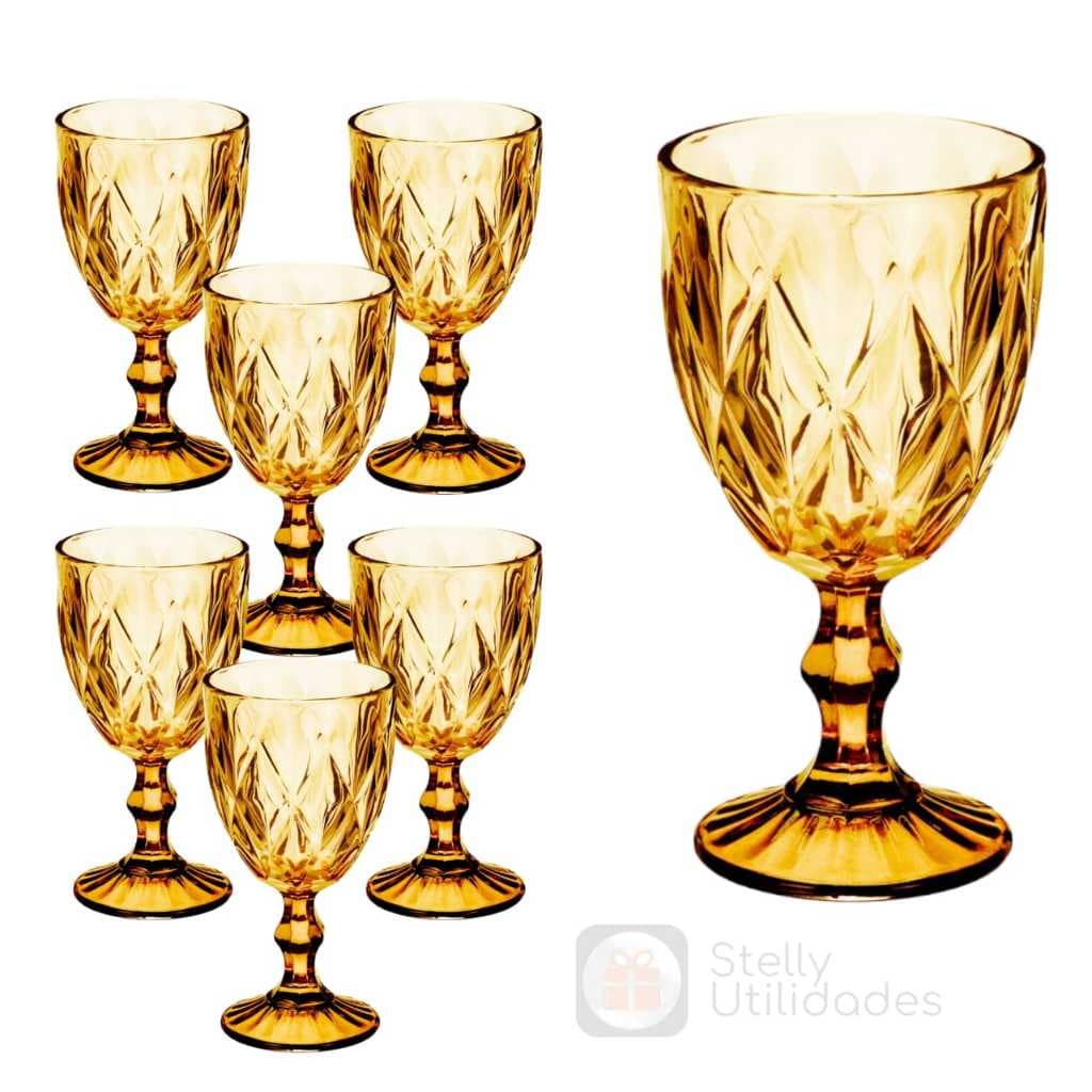 Jogo 6 Taça Diamante Copo Vidro Âmbar  340ml Agua Vinho Suco Mesa Servir