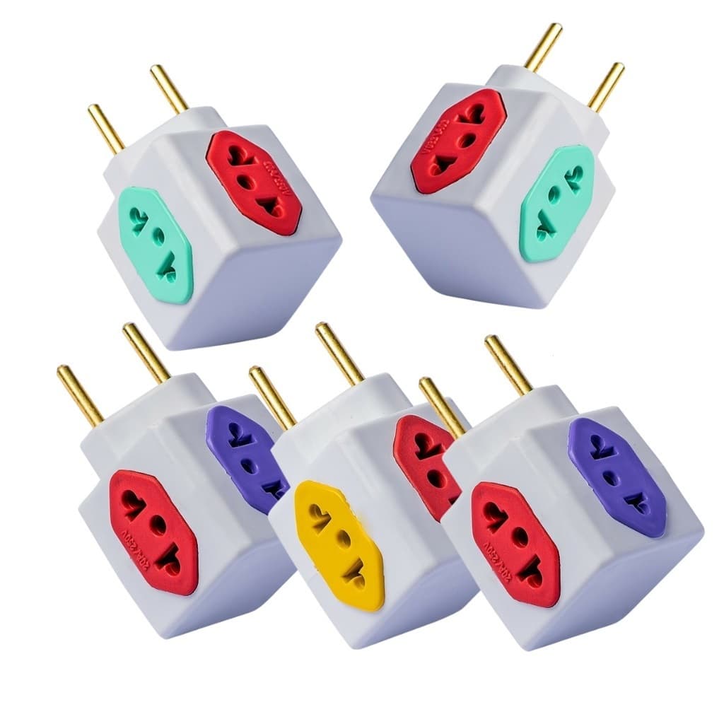 Kit 5 Adaptador de Tomada Cubo Colorido 4 Entradas Bivolt 10 e 20 Amperes