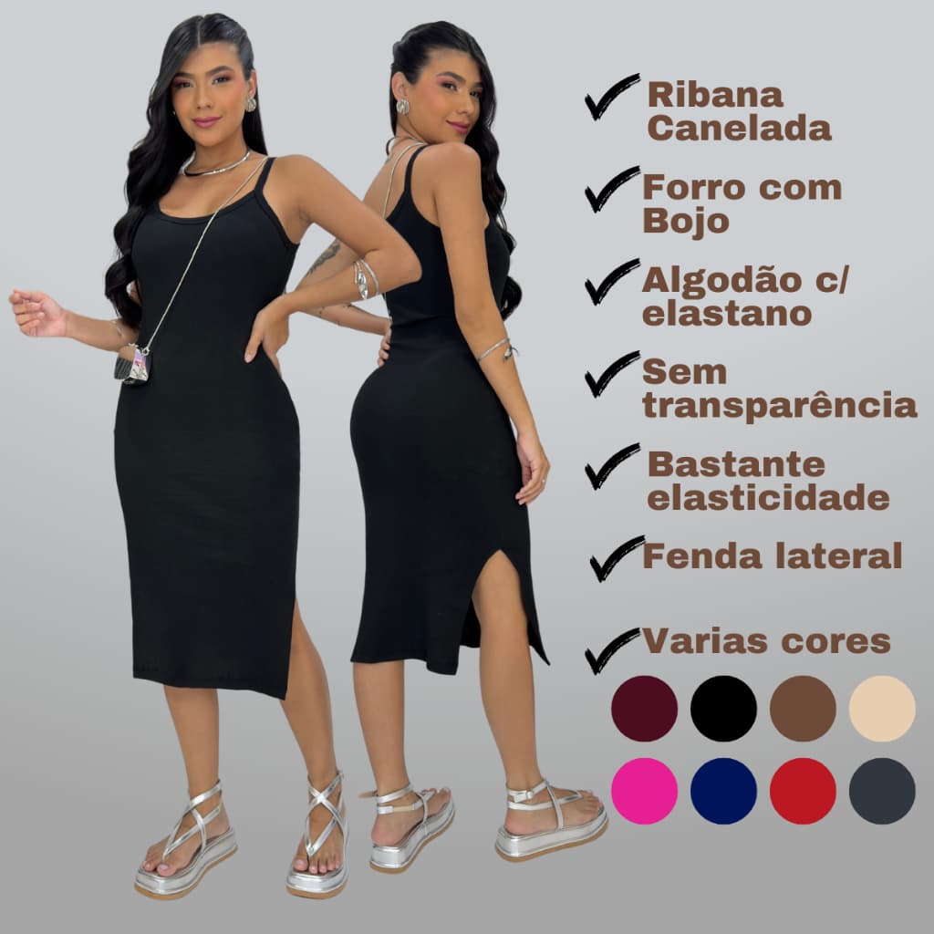 Vestido Preto Feminino Alça Midi Bojo Fenda Lateral Ribana Canelada Algodão com Elastano Festa  Gestante