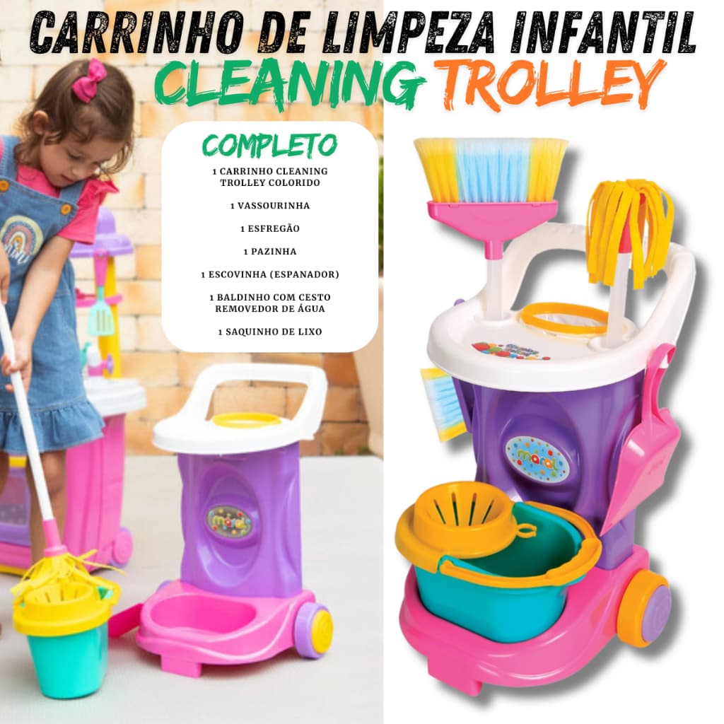 Carrinho de Limpeza Infantil Cleaning Trolley - Brinquedo Educativo e Lúdico com Kit de Acessórios para Crianças