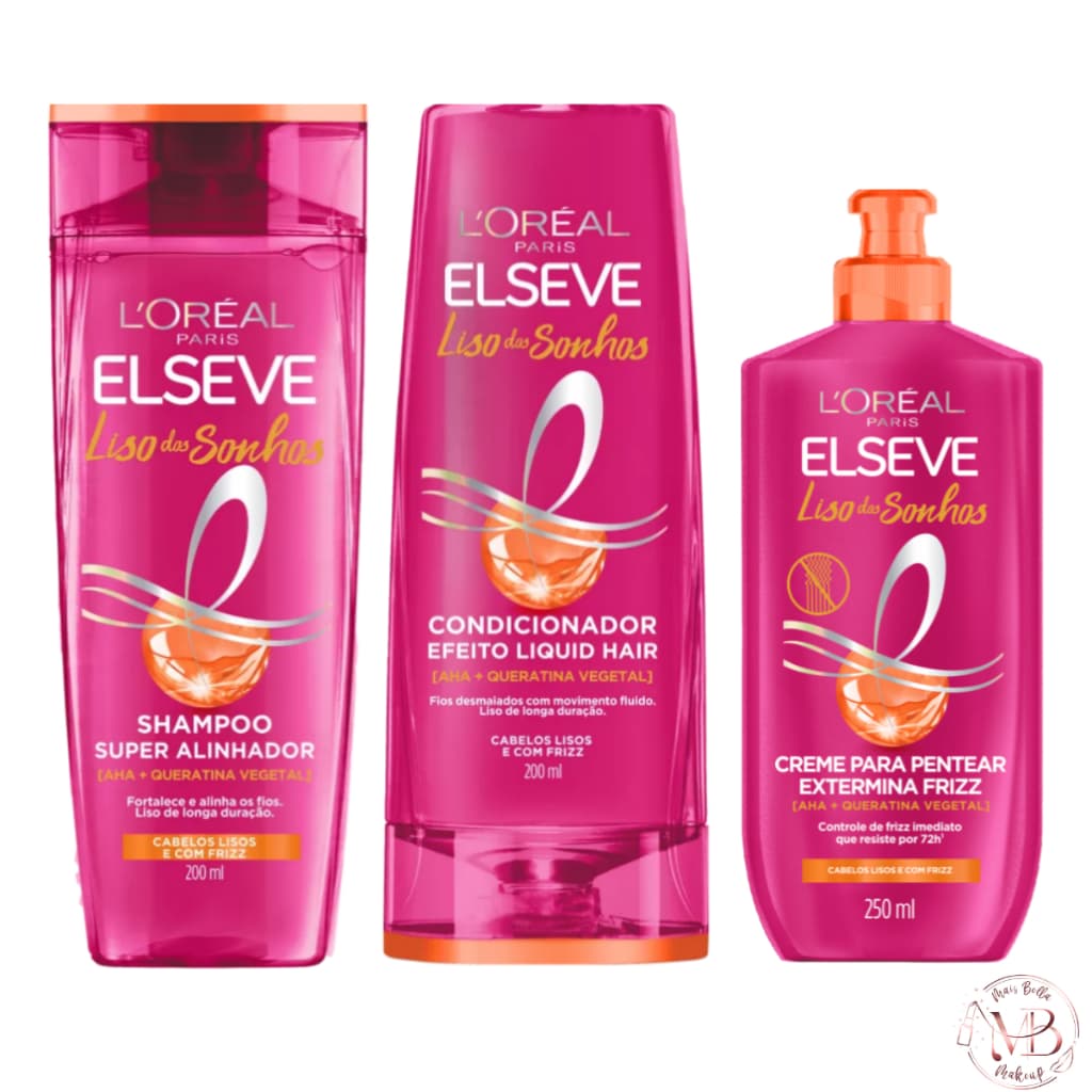 Kit Elseve Liso dos Sonhos Efeito Liquid Hair- Shampoo e Condicionador 200ml + Creme Pentear 250ml