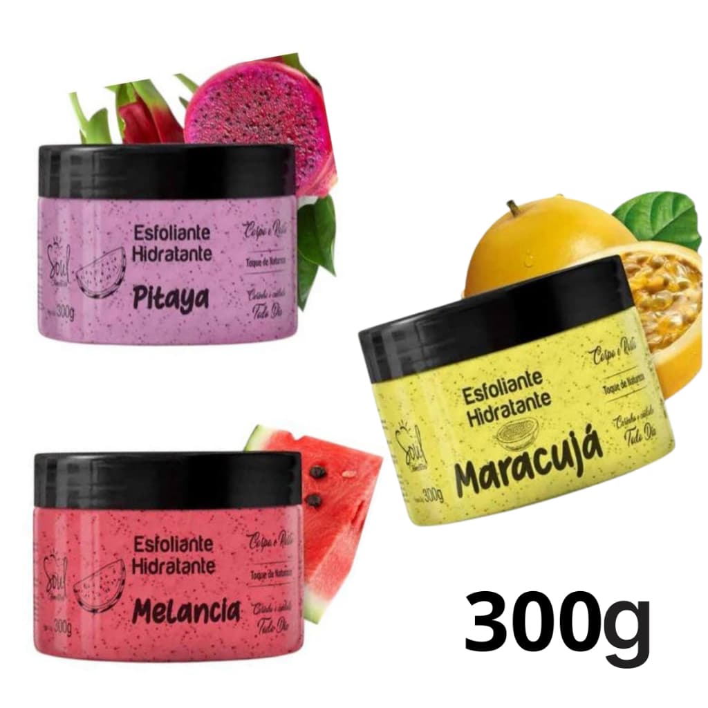 Esfoliante Hidratante Corporal Facial Creme p Ressecamento Hidratação Frutas Soul Cosméticos 300g