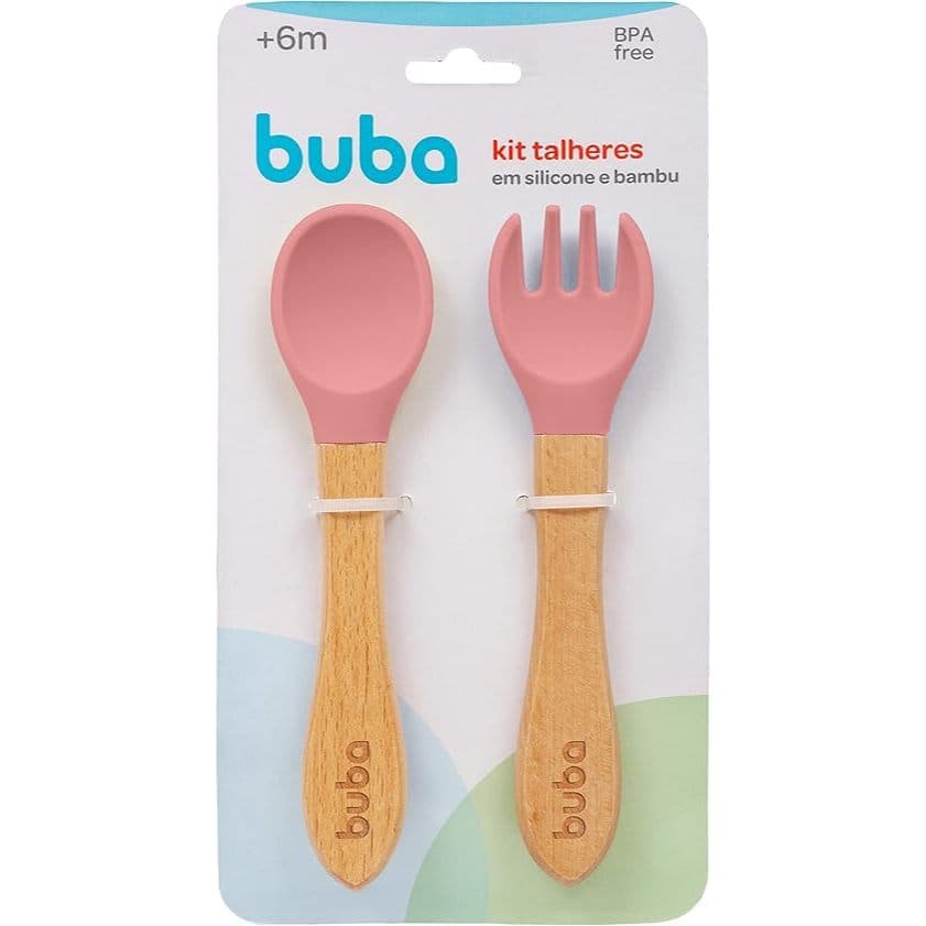 KIT TALHERES EM SILICONE E BAMBU - ROSA