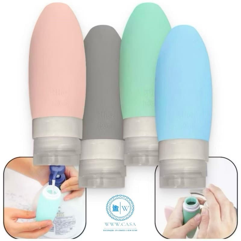 Kit Viagem 4 Frascos Silicone Pote 90ml Porta Creme Shampoo Perfume Loção Corporal Sabonete Líquido