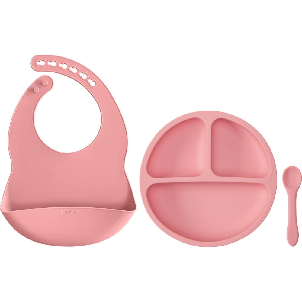 Kit Refeição de Silicone Buba - Rosa (Prato, Babador e Colher)