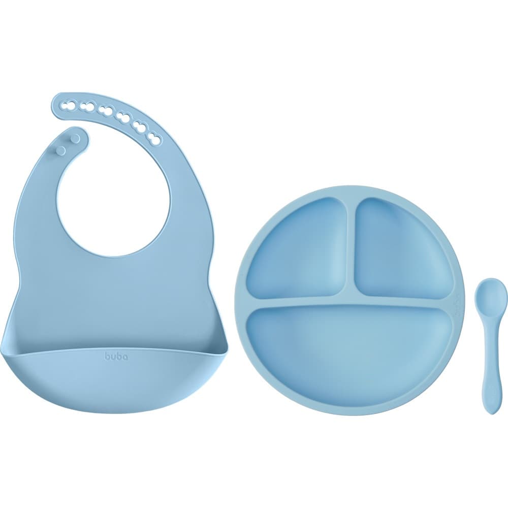 Kit Refeição de Silicone Buba - Azul (Prato, Babador e Colher)