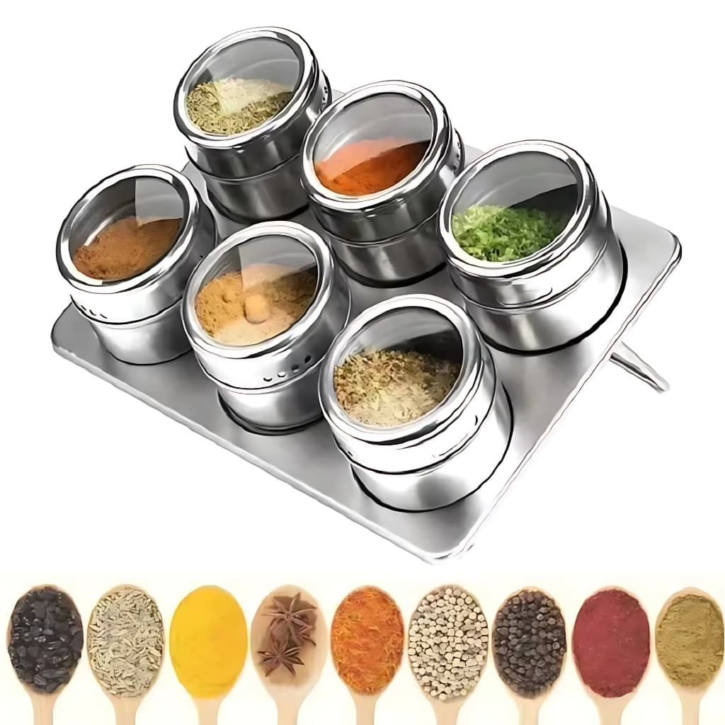 Porta Tempero Condimentos Magnético Aço Inox 3/6 Potes Com Suporte Imã Geladeira Cozinha