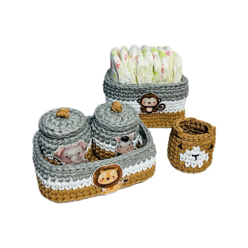 Kit Higiene Fio de Malha Safari 5 Cestos de Crochê