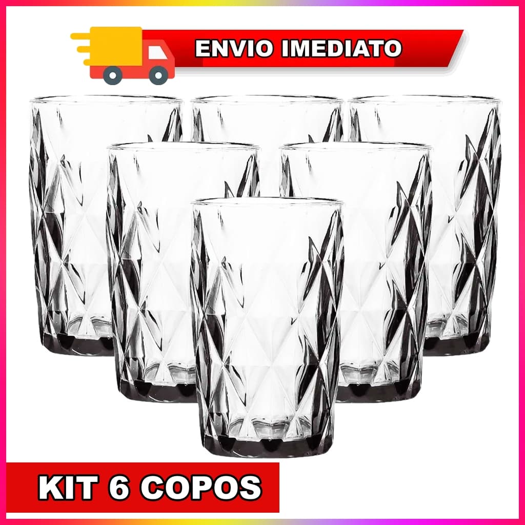 Jogo 6 copos DIAMANTE ORIGINAL PRATICASA GROSSO RESISTENTE - 370 ml