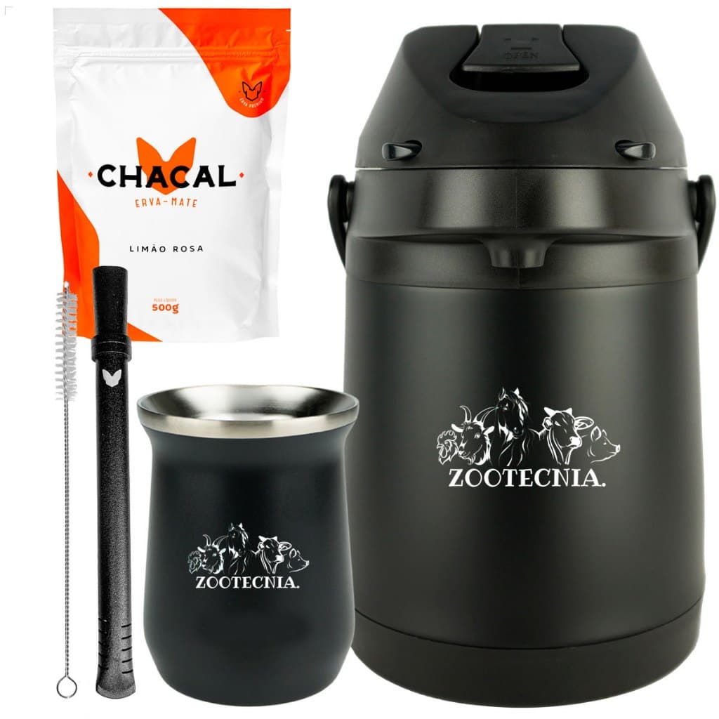 Kit Terere Chacal Garrafa Preto E Cuia Térmica Preto 236ml Personalizado Zootecnia