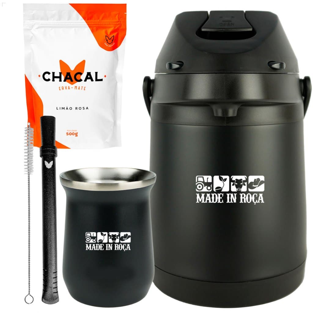 Kit Terere Chacal Garrafa Preto E Cuia Térmica Preto 236ml Personalizado Made in Roça II
