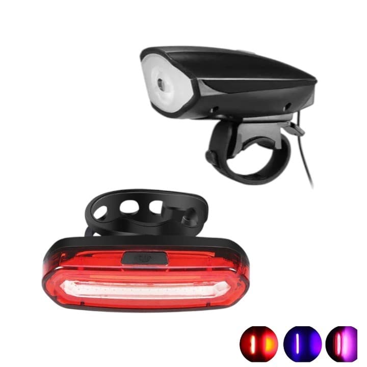 Farol Lanterna Bike Recarregável C/ Buzina R-52 + Sinalizador Traseiro Led Bike Recarregavel 3 Cores