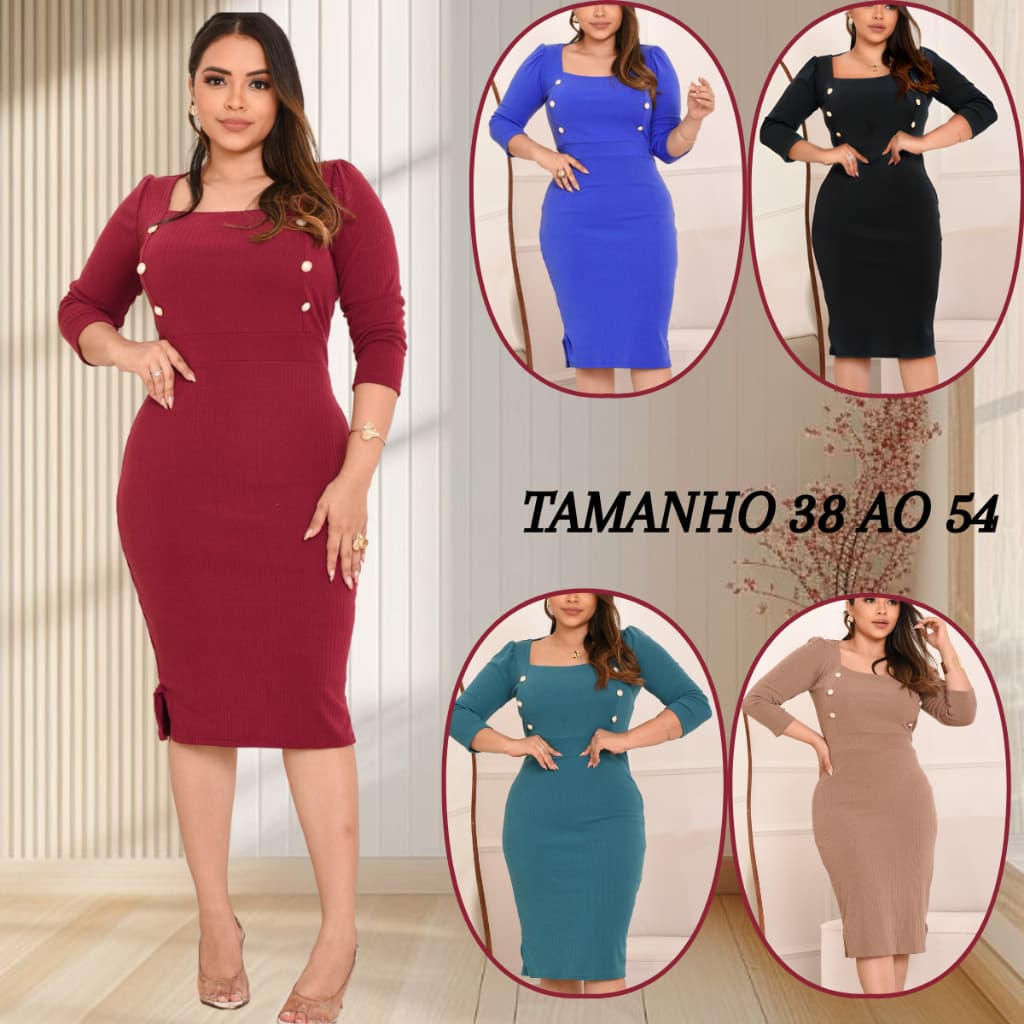 Vestido Mídi Feminina Social Manga3/4 Gola Quadrado Botão Crepe Moda Evangélica Casual Luxo 38 AO 54
