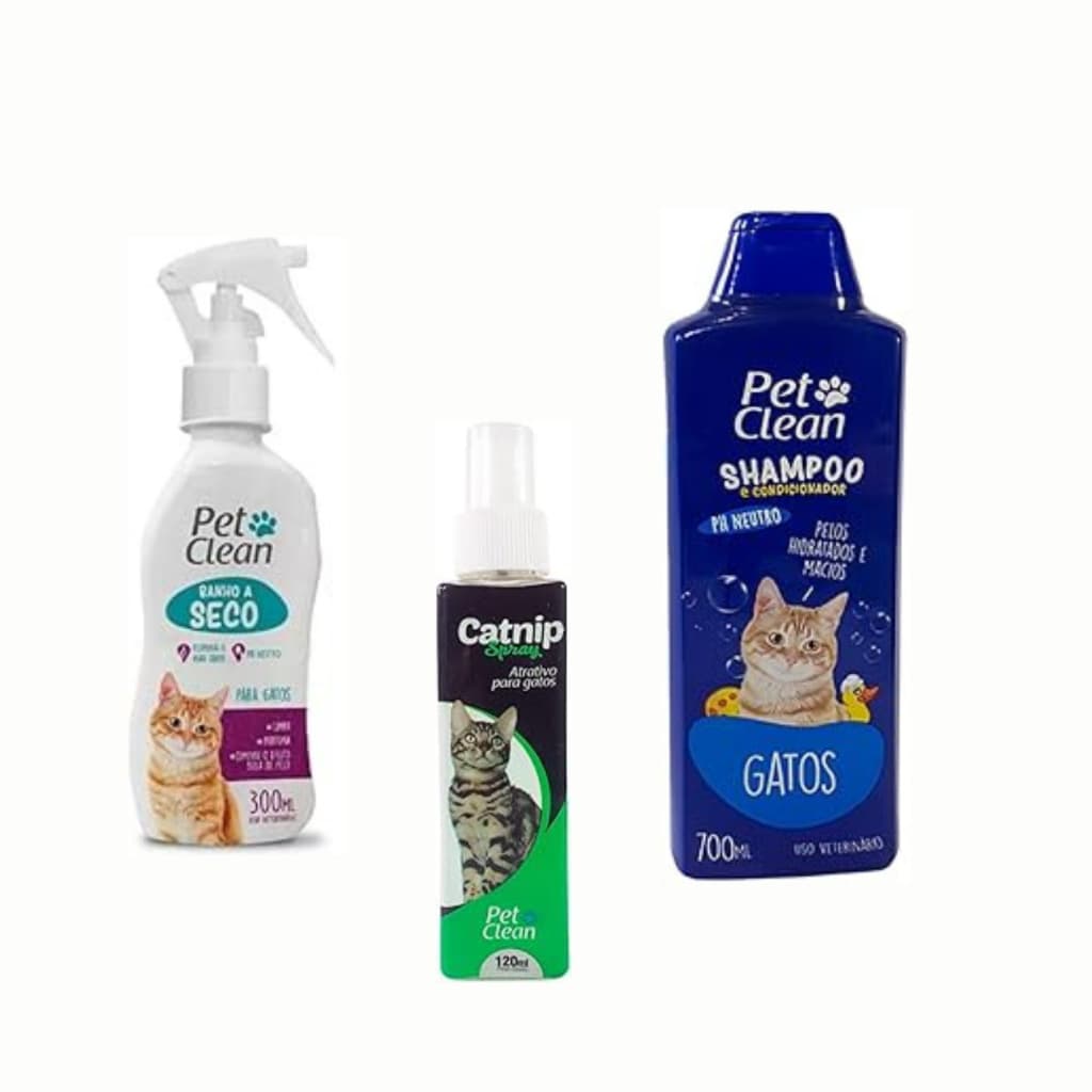 Kit Banho a seco + Catnip spray + Shampoo para Gato