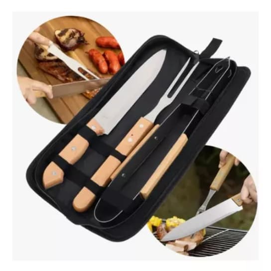 Kit 3 Peças Churrasco Pinça Garfo E Faca Com Estojo