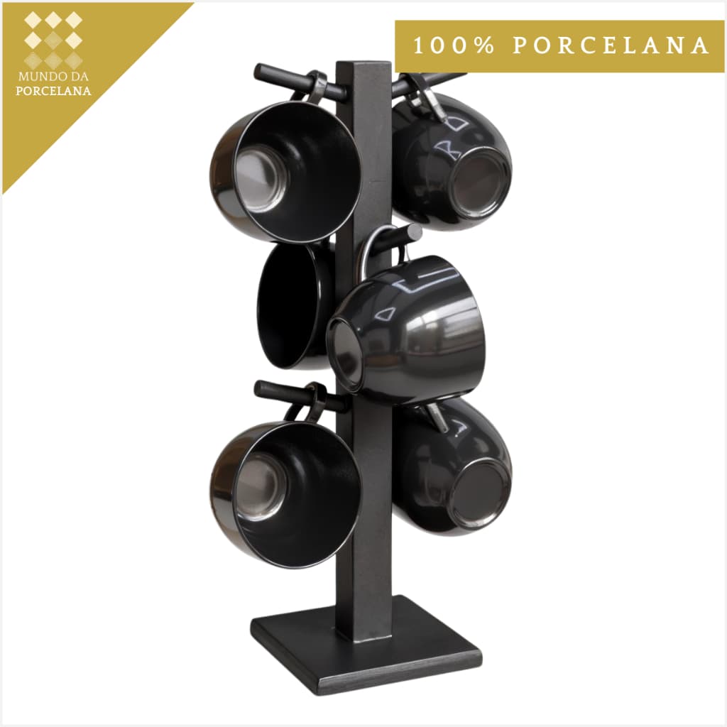 Conjunto Xicaras Café Preta Porcelana Suporte Madeira Preto Cha Leite Cantinho Cafe Salao