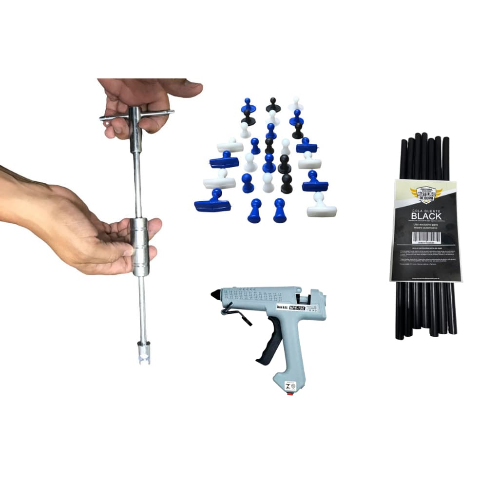 Kit Martelinho Mini Repuxadeira c/ Êmbolo + 28 Ventosas + Pistola de Cola 100w + 15 Bastões de Cola
