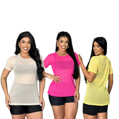 3 Camiseta Tule Treino Blusa Academia Fitness