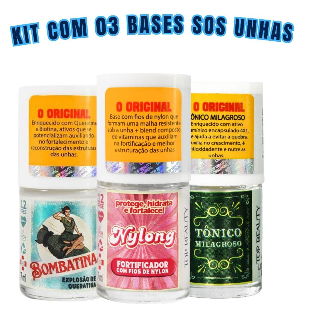 Kit com 03 Bases Tratamento Sos Unhas Top Beauty Nylong + Tonico + Bombatina