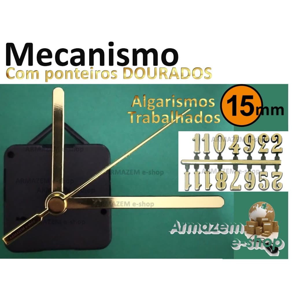 Kit mecanismo para Relogios De Parede eixo 22mm com Ponteiros tradicionais E algarismo ARABICOS Ouro