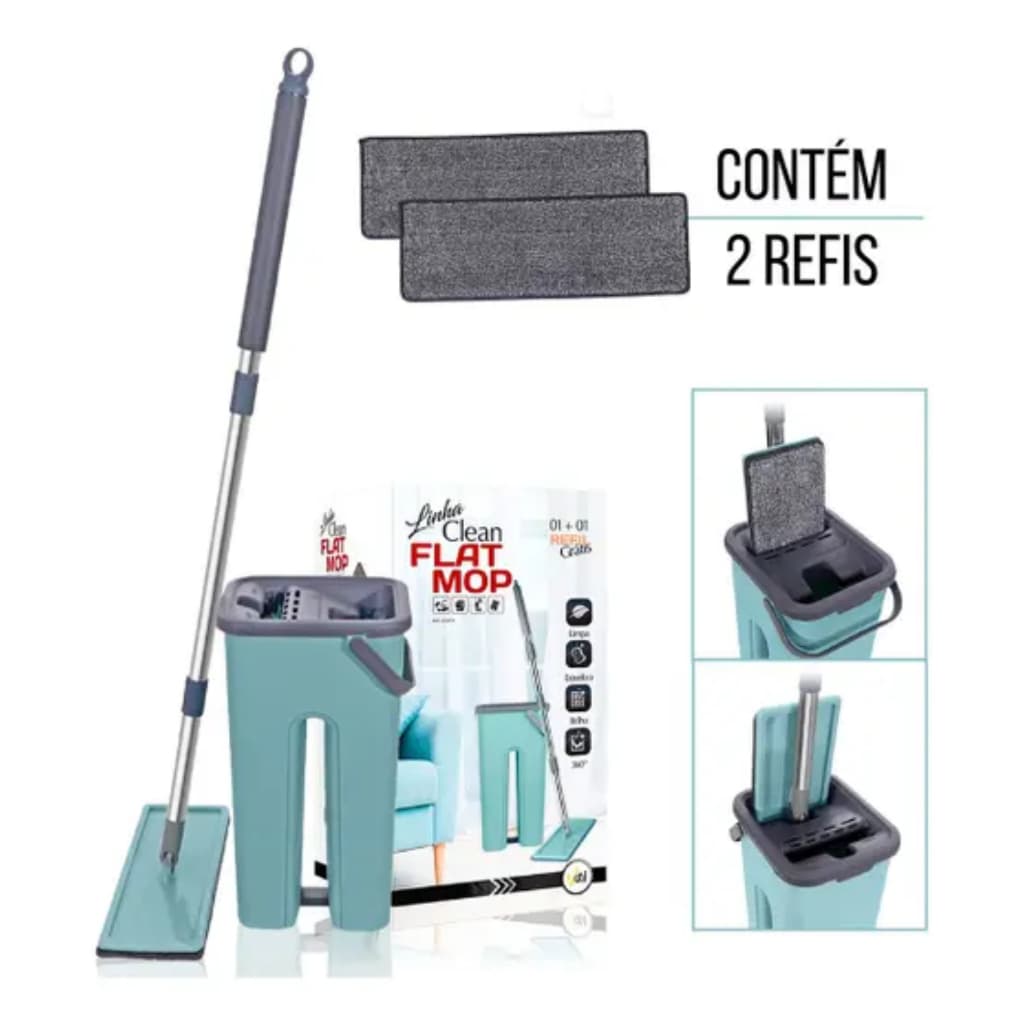 Rodo Magico Flat Mop Esfregão Balde Lava Seca Tira Pó Limpeza Profissional Casa Com 1/2 Refil - 5L