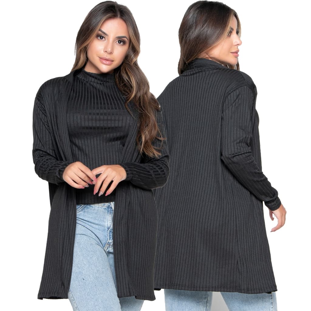 Cardigan Kimono Liso Canelado Manga Comprida Casaco Moda 166