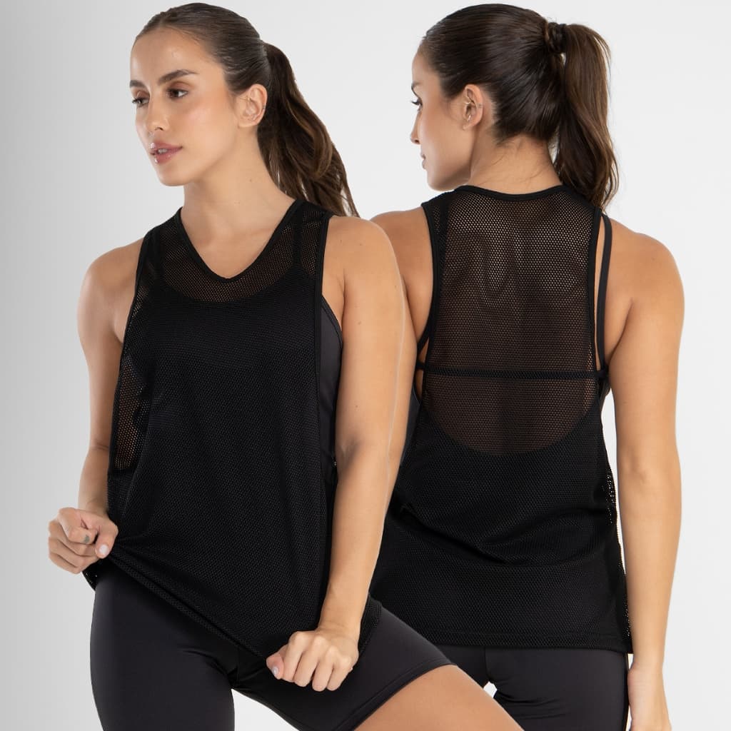 Regata Feminina Telinha Moda Fitness Blusa Tule Academia Transparente Treino Tecido Leve Esporte 246