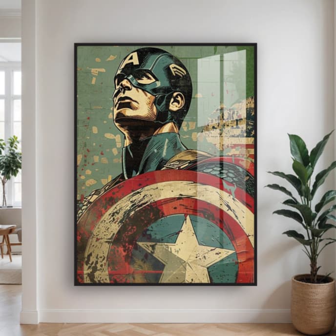 Quadro Decorativo Capitão America Quadrinhos HQ Marvel Escudo Sala Quarto Hall 60x40cm
