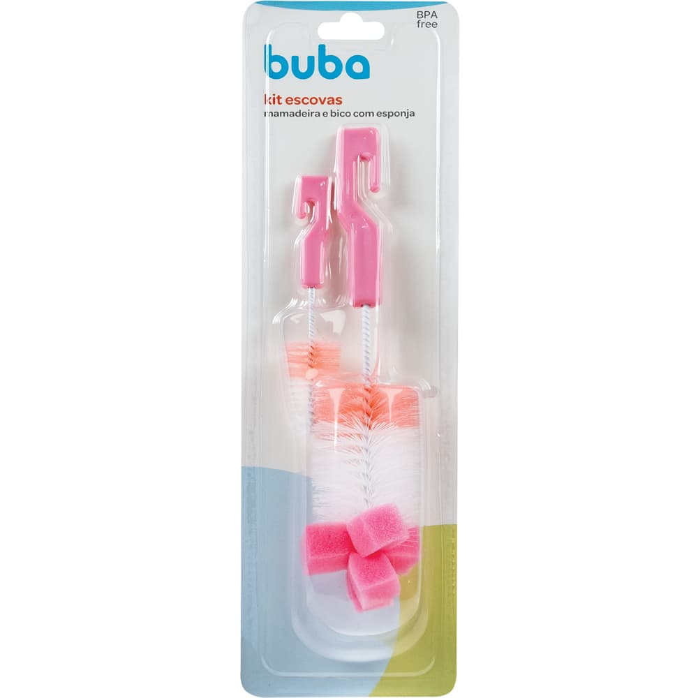 Kit Escovas de Limpeza BUBA para Mamadeira e Bico com Esponja - Rosa