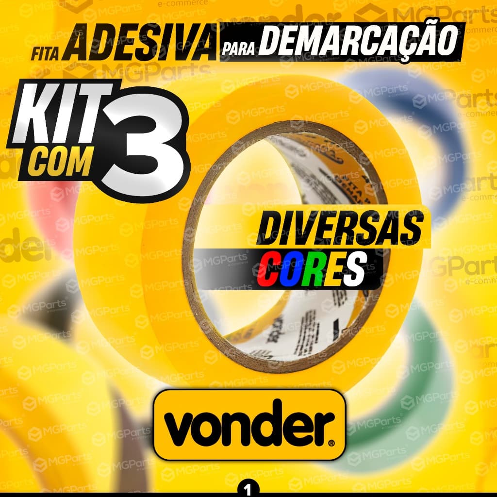 Kit 3 Fita Demarcação de Solo Vonder Com Cola Profissional Várias Cores Sinalização Multiuso Zebrada