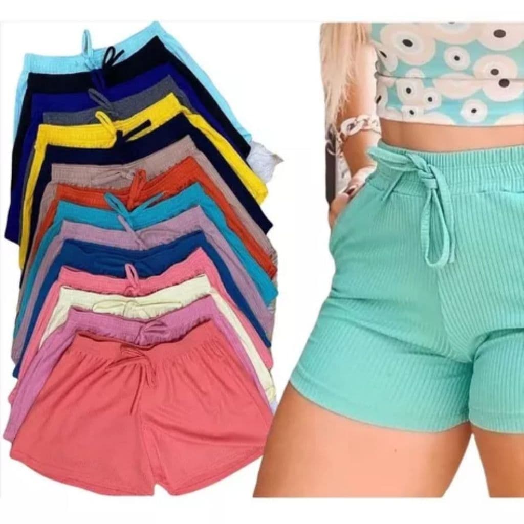 Kit 4 Shorts Feminino Malha Canelada Cintura Alta com Elástico