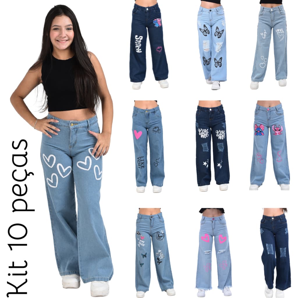 Kit 10 Calça  Wide Leg Jeans Menina Infantil Juvenil Para Revenda