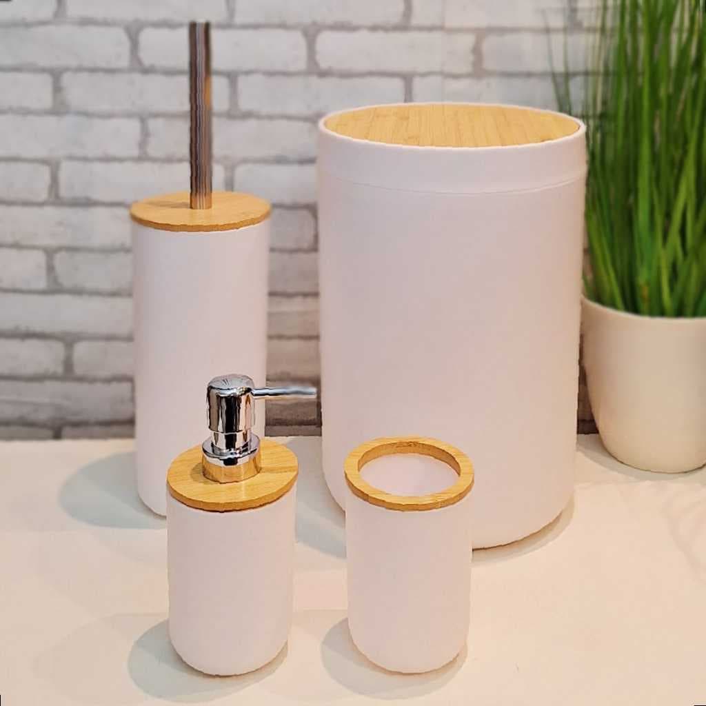 Kit 4PÇS BRANCO Lixeira+Assessórios Banheiro Lavabo Detalhes Em Bambu C/Porta Sabonete Porta Escovas
