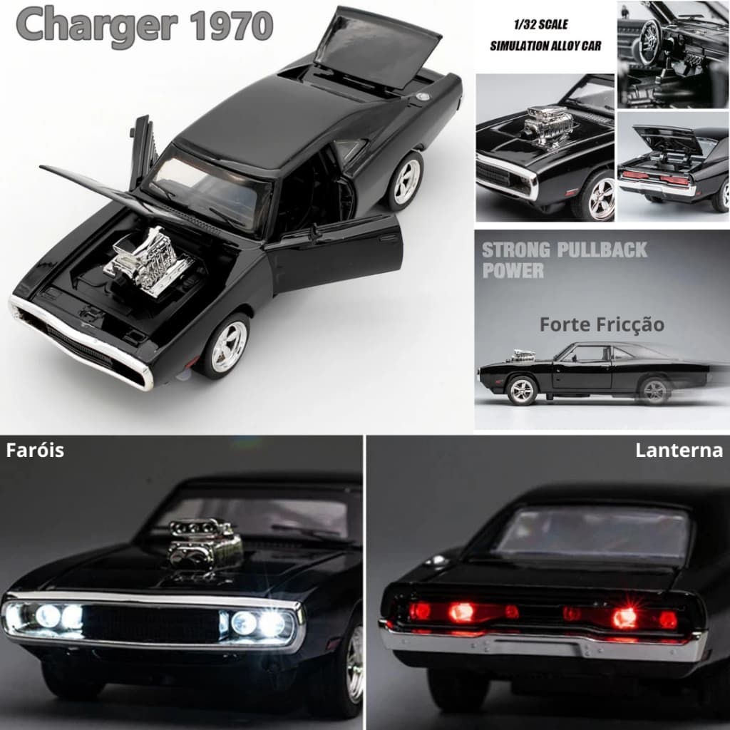 Miniatura 1:32 Carro Dodge Charger 1970 Classico Metal Dodge Challenger Veloses & Furiosos com Faróis som alarme fricção