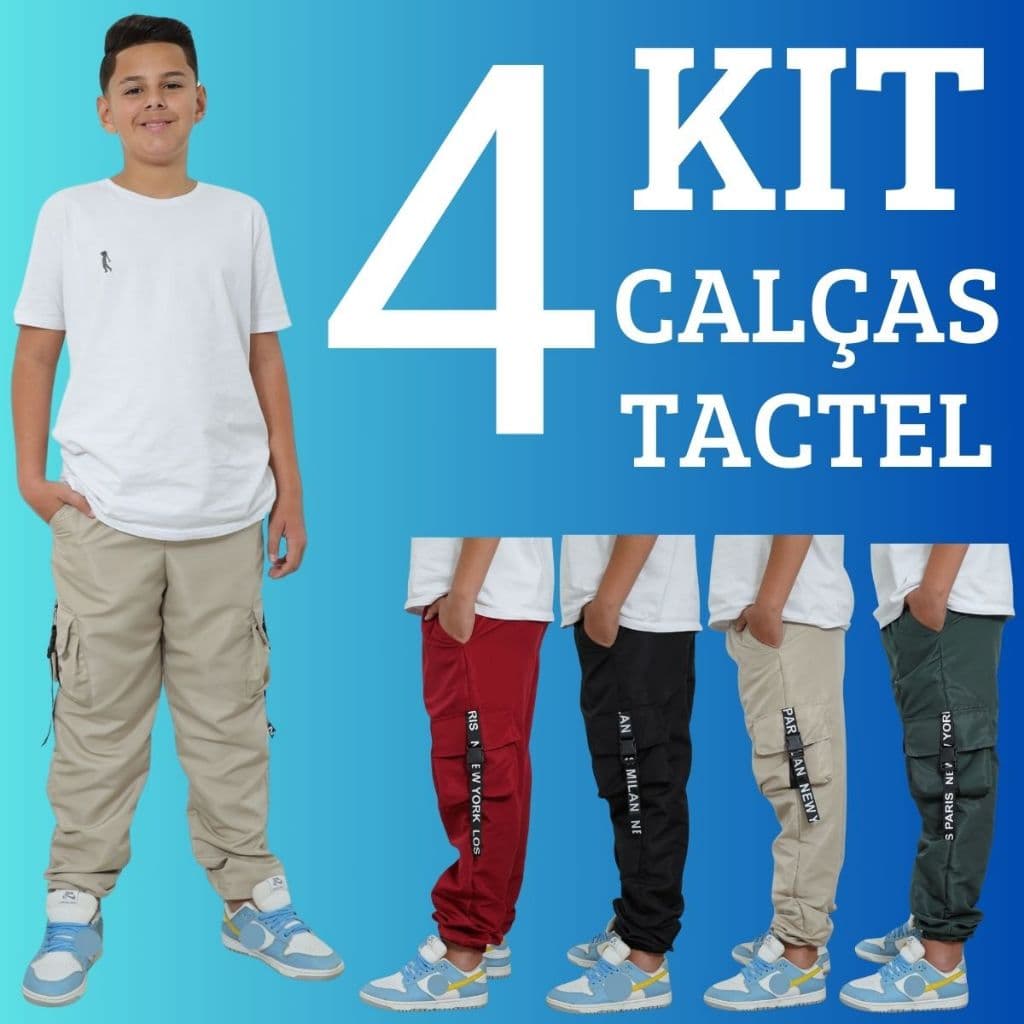 KIT 4 Calças Para Meninos Juvenil Infantil Calça Jogger Calça Cargo 4 Bolsos Detalhes Com Fitas e Travas Moda Infantil T