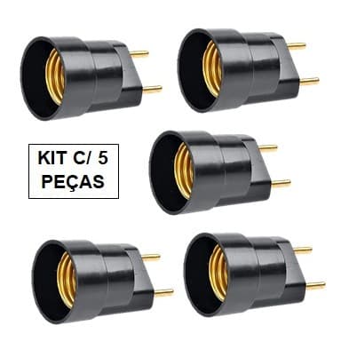 Kit c/ 5 e 10 Peças Adaptador Bocal Tomada E27 Soquete Pino Porta Lâmpada Preto Bivolt Led Casa Elétrica Abajur