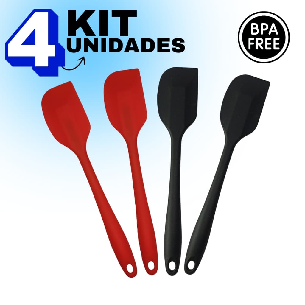 Kit 4 Espátula Pão Duro com 27cm de Silicone Vermelho ou Preto Resistente