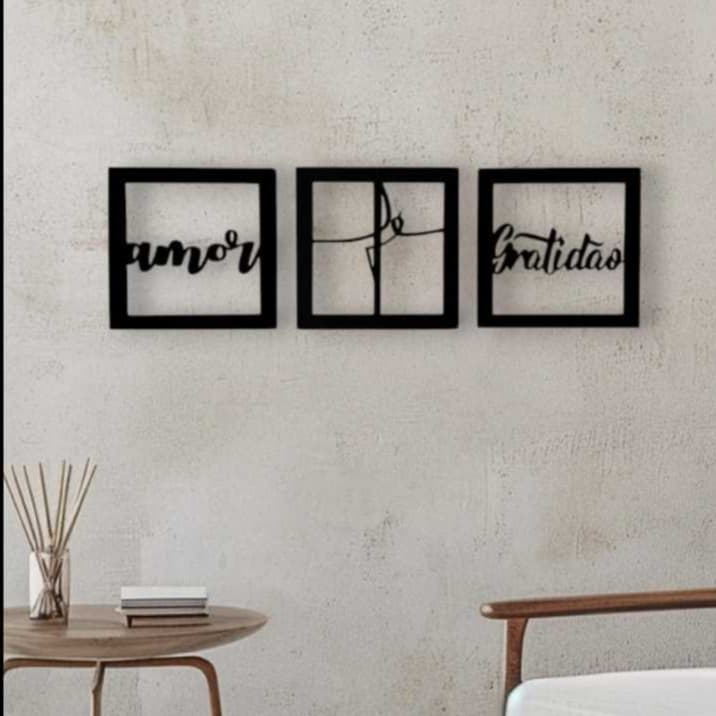 Kit Quadros Decorativos Fé Amor Gratidão 3 Peças Mdf 3 mm Preto Quadros Quarto Sala Decoração