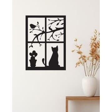 Quadro Decorativo Gato na Janela MDF Preto Fosco Quadro Vazado Decoração