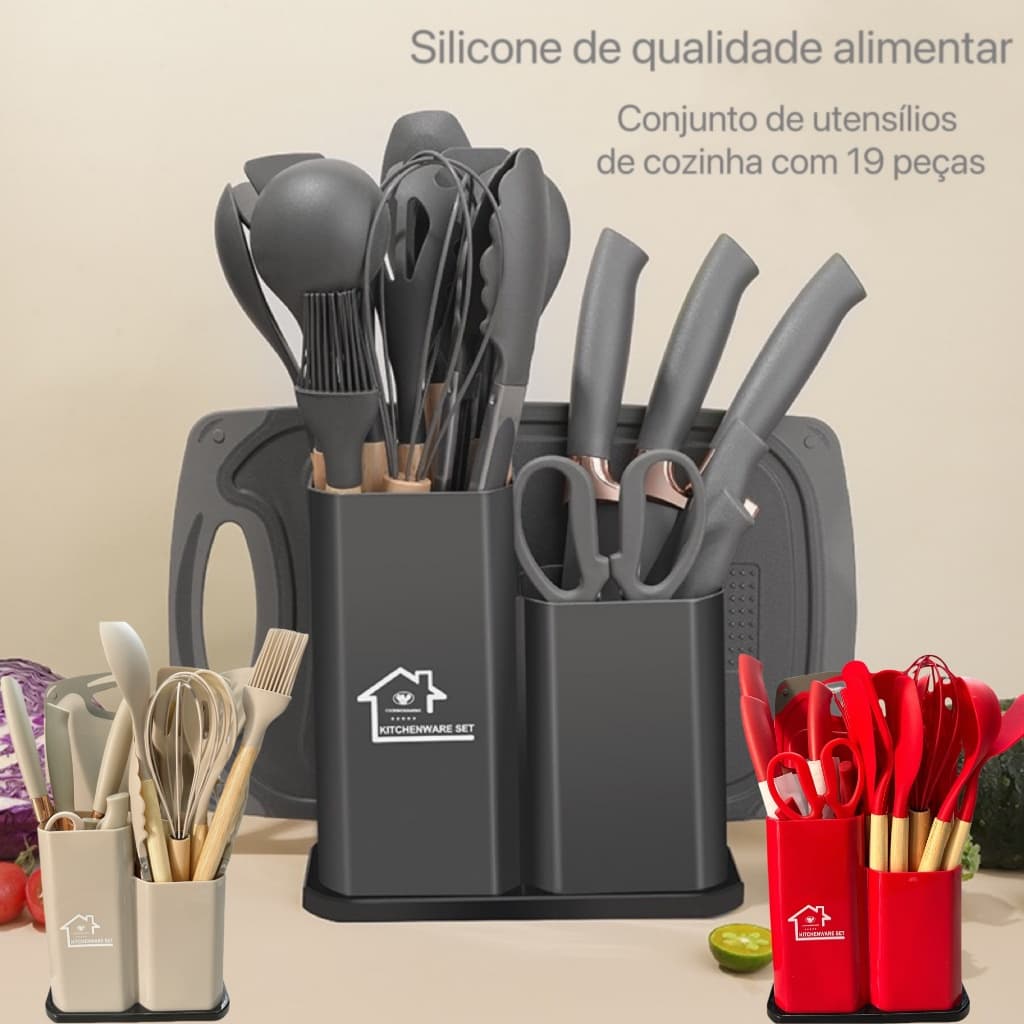 Jogo de Cozinha Kit com 19 Peças de Silicone, Utensílios e Copo Suporte para Cozinha Cabo de Madeira